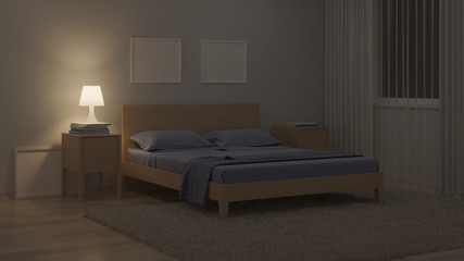 The interior of the bedroom in a modern style in blue tones. Night. Evening lighting. 3D rendering.