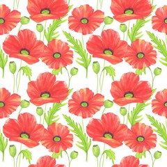 watercolor illustration, seamless pattern, floral background for design, poppies in red, ornament for wallpaper