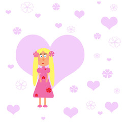 Doll girl with pink heart, for children cartoon seamless pattern, wallpaper, blue background