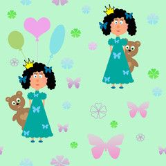 Girls dolls with bear, for children cartoon seamless pattern, wallpaper, green background