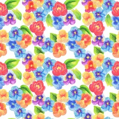 Fototapeta na wymiar watercolor illustration, seamless pattern, floral background for design, viola in different colors, wallpaper ornament