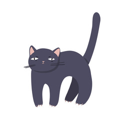 Frightened cartoon black cat with a pink nose on white background