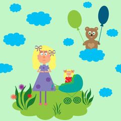 Girl dolls with pram, for children cartoon seamless pattern, wallpaper, green background
