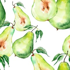 Seamless watercolor pattern with a picture of a pear fruit. Apply in the field of design, packaging, textile and other. Portion of pear, lobule, cut. Fruit with a leaf. Garden pears, harvest