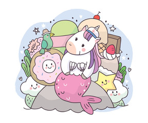 Obraz na płótnie Canvas Cartoon cute adorable mermiad unicorn and sweet cake vector.