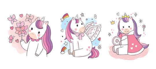 Cartoon cute sweet unicorns set vector.