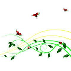 Abstract background, floral ornament, green branch with leaves, ladybugs, wallpaper