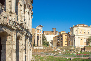 Fototapeta premium Theatre of Marcellus (in italian Teatro di Marcello e Tempio di Apollo Sosiano) and Temple of Apollo Sosianus Rome Italy