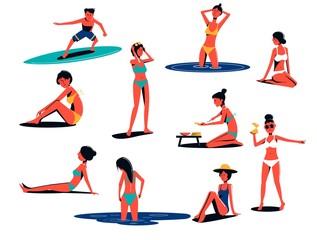 Fototapeta na wymiar A set of people in swimsuits having a rest on the beach, sunbathing, bathing men and women.