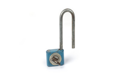 Old long shackle padlock on a white