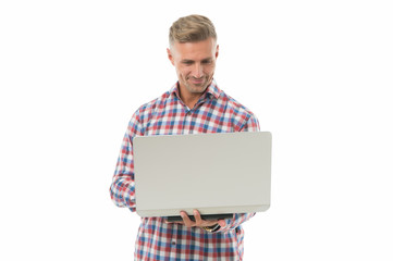 Remote job. Freelance. Laptop for designer. Programming and web development. Mobility for better life. Handsome man hold laptop isolated on white. Laptop computer. Notebook and pc. Modern technology