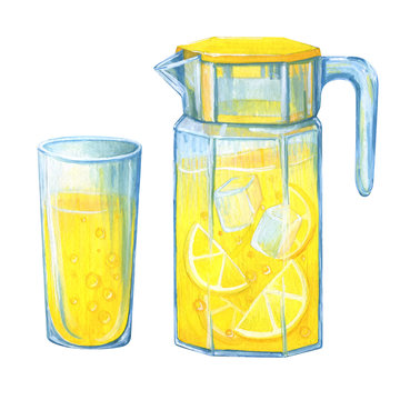 A decanter and a glass of homemade lemonade. A set of gouache illustrations. Summer drink with lemon juice and ice.Yellow. Stock image on a white background.