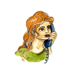 A young woman holding a telephone receiver isolated on white background. Girl speaking by the phone. Watercolor hand painted illustration. 