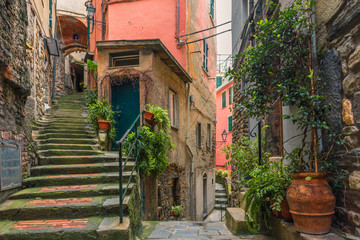 Old italian street in town Vernazza with medieval stairs and pots with green plants with nobody on Cinque Terre coast, Italy