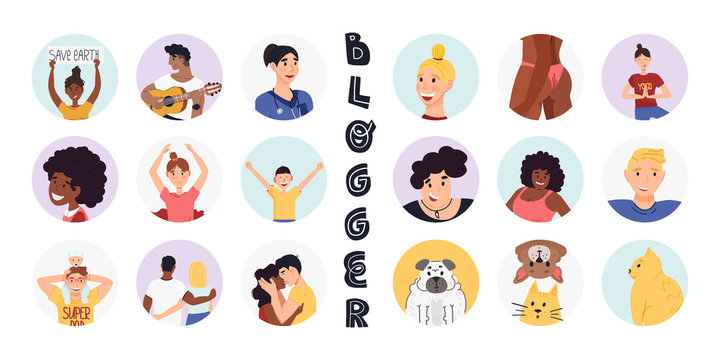 Blogging and vlogging sticker, avatar, highlights set. A lot of various persons and different age, ethnics, professions and interests and pets profile avatar too. Flat vector hand drawn illustration.