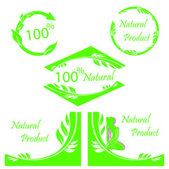 Set ads of one hundred percent natural products. Green branches and leaves.