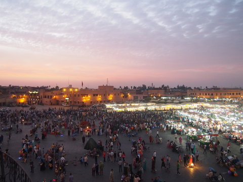 A crowded square and many people at night, Place de Jama el Fna, Marrakech, Morocco