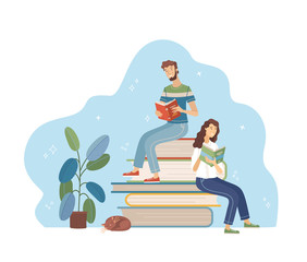 Young man and woman reading while sitting on stack of big books
