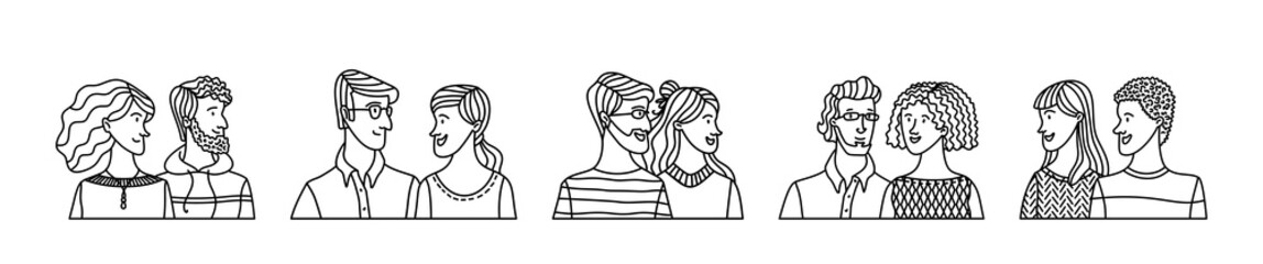 Set of young and aged couple portraits