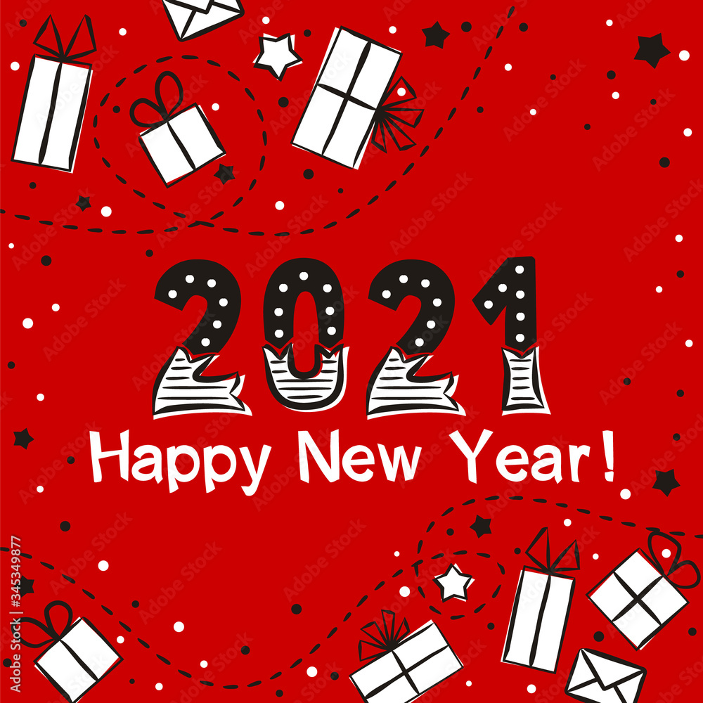 Fototapete happy new year 2021. lettering of hand-drawn numbers and gifts on a red background. 2021 calendar he