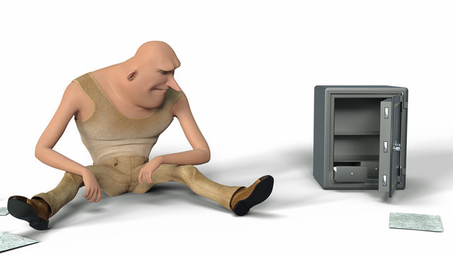 Realistic 3D render illustration of a frustrated mature man sadly sitting on the floor near an empty safe