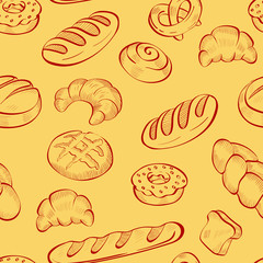 Bakery, croissant, food vector seamless pattern. Concept for wallpaper, wrapping paper, menu, cards
