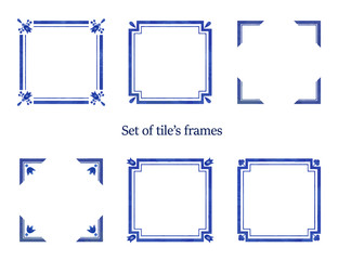 Set of watercolor blue frames. Ornaments for tiles - obrazy, fototapety, plakaty