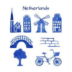 Naklejka premium Hand drawn watercolor set of Netherlands illustrations. Houses, bridge, bicycle, windmill and bricks