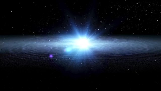 spiral galaxy, moving deeper into the galaxy, approaching the core. A powerful flash lights up the screen to a white background. Cosmic abstraction