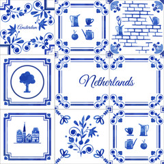 Watercolor seamless patterns with dutch ornaments. floral elements and decorations. Netherlands tiles  - obrazy, fototapety, plakaty