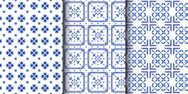 Watercolor seamless patterns with dutch ornaments. floral elements and decorations. Netherlands tiles 