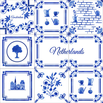 Watercolor Seamless Patterns With Dutch Ornaments. Floral Elements And Decorations. Netherlands Tiles 