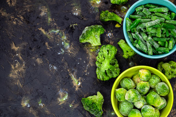 Green Vegetables, Frozen Broccoli, Mixed Frozen various vegetables surface top view background