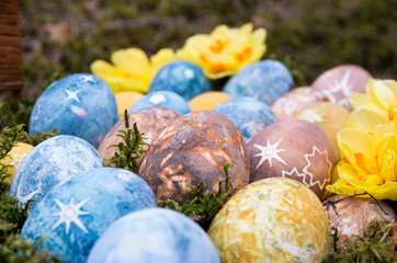 Easter painted eggs with stars and daffodils