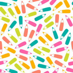 Seamless pencil pattern in vector. Hand drawn colorful illustration with stationery. Doodle endless background with color pencils. School, office and creativity concept. EPS 8