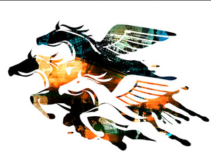 hree powerfull winged horses. Colorful illustration of powerfull mythological horses at Full Speed.