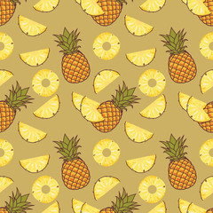 Pineapple with slices seamless pattern. Flat style vector illustration.