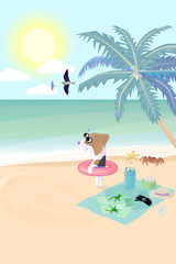 Obraz na płótnie Canvas Beagle dog wear swim ring on beach prepare to play water in sea.