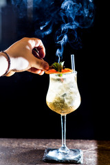 hand preparing a cocktail with smoking herbs aroma 