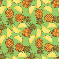 Pineapple with slices seamless pattern. Flat style vector illustration.