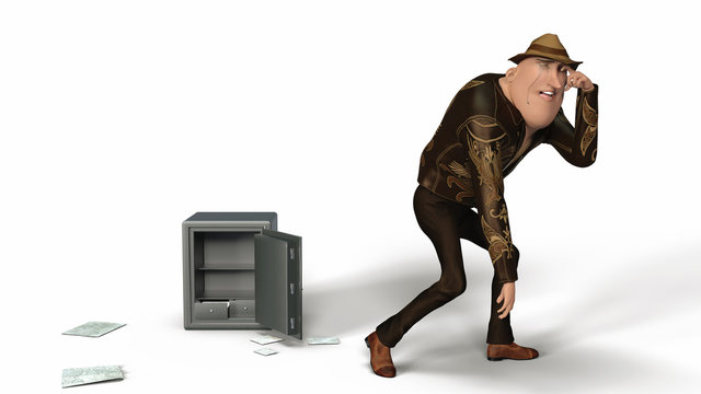 Realistic 3D render illustration of an upset crying mature man walking away from an empty safe