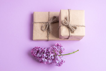 Two gifts in eco-friendly craft paper packaging on a light, lilac background with a branch of lilac.
