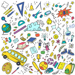 Colorful Back to school doodles set. Vector illustration. Perfect for textile fabric design, wrapping paper and website wallpapers.