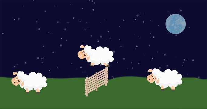 Animation of sheep jumping over the wooden fence at night. Concept of counting for sleeping.