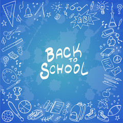 Back to School banner. Doodles icons of education, science objects, office supplies and lettering Back to School on blue background. Vector illustration.