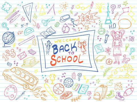 Colorful Back to school doodles set. Vector illustration. Perfect for textile fabric design, wrapping paper and website wallpapers.