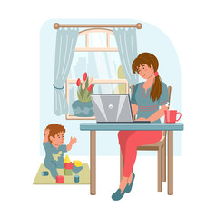 Young woman with laptop working from home. Working mom with kid in modern interior. Home office concept. People who study or work at home. Vector illustration in flat style.