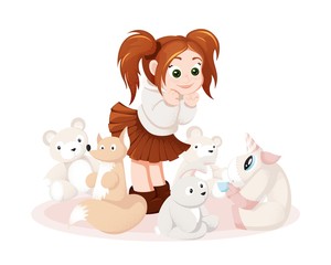 Greeting card with cute cartoon girl and fairy tale unicorn toy