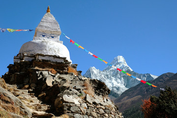 Ama Dablam mountain temple in Nepal. Ama Dablam Nepal mountains.