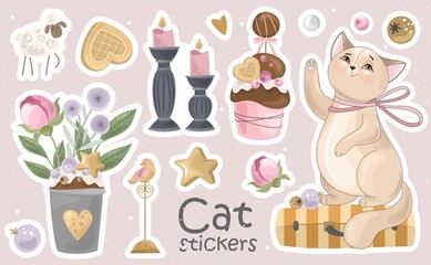 A Set of Cat stickers and icons. Vector illustrations. Printing on fabric, paper, cards, invitations.

